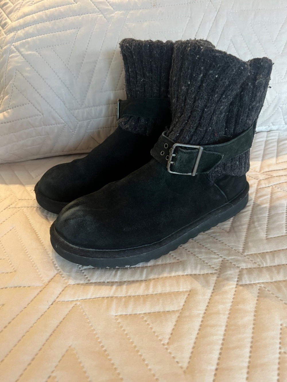 UGG Black Suede Ankle Boots with Knit Cuff
